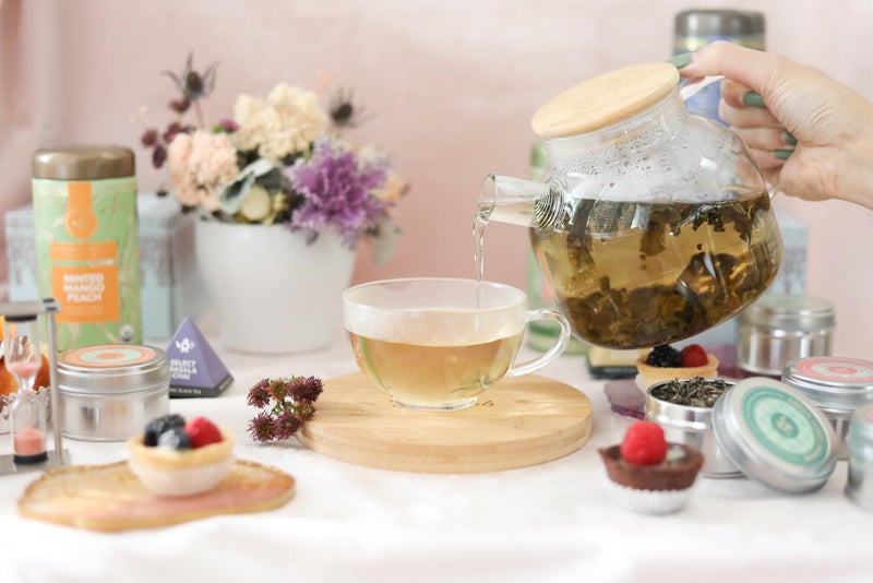 Teabloom Stovetop Safe Glass Teapot with Bamboo Lid (40oz/1200ml) + Loose Leaf Tea Filter Spout + 2 Blooming Teas + Large Bamboo Trivet - Natural Flowering Tea Gift Set - Image 4